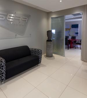 Modern corporate boardroom waiting area with professional office interior design